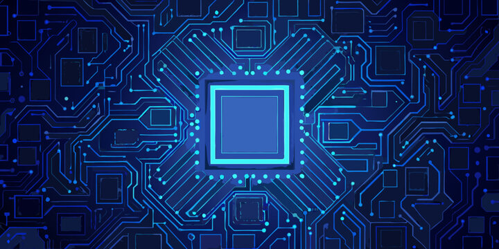 Circuit board pattern with central microchip blue vector illustration