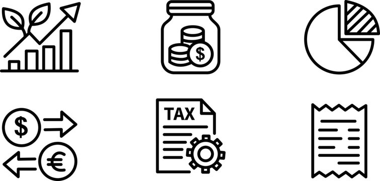 set of vector icons business finance with tax banking and investment elements
