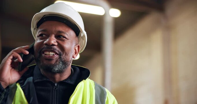 Laughing, inspector and man in building, phone call or communication with contact for project update. Happy, architect and mature person with mobile, inspection and plan for construction with tech