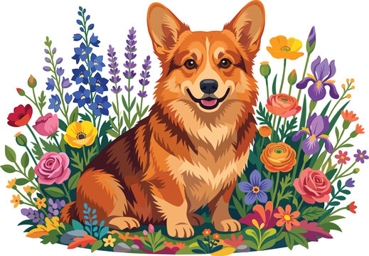 Cute corgi dog sitting in colorful blooming flower gardenCute corgi dog sitting in colorful blooming flower garden