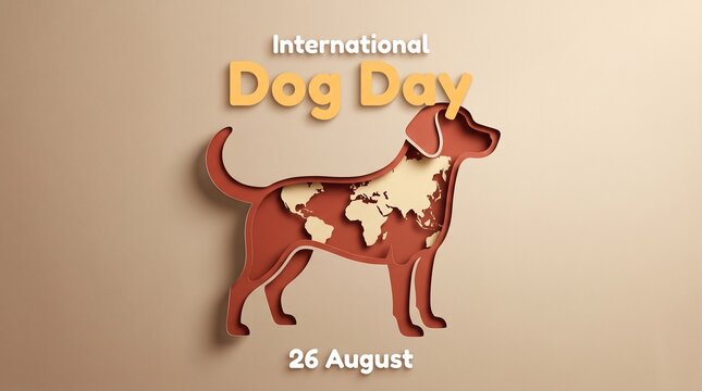 International Dog Day Greeting Card Banner Design with Paper Cut Style Dog Silhouette and World Map