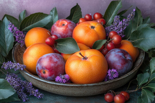 Vibrant Plums and Persimmons in a Pastel Purple Setting