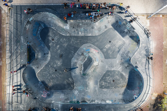 Aerial top view of a skate park, Recife, Pernambuco, Brazil