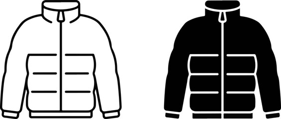 Outline and solid puffer jacket icon set for winter clothing with clothing outerwear insulated seasonal silhouette minimalist wardrobe shopping © Dhriti Roy