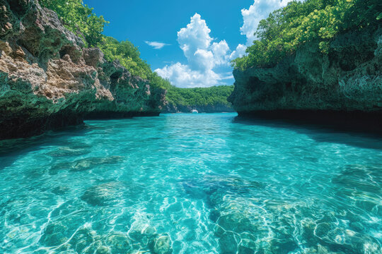 A Remote Island Scene with Lush Cliffs and Clear Ocean Depths