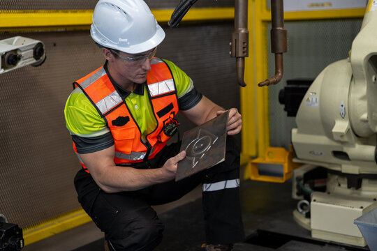 Industrial Robot Technician: A male technician in a hard hat and safety vest supervises an industrial robotic arm in a factory setting, emphasizing precision engineering and automation.