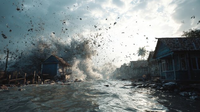 A massive flood wave crashes through a coastal town, destroying buildings and debris flies through the air under a stormy sky.