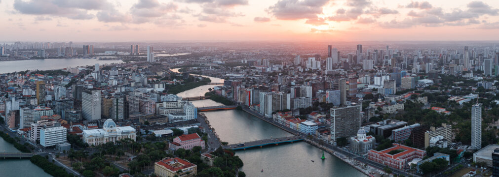 Panoramic aerial view of the city at sunset, Recife, Pernambuco, Brazil