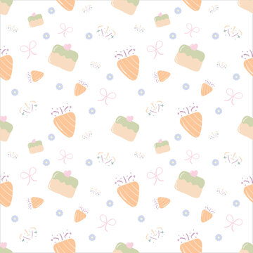 Celebration Birthday seamless pattern. Kawaii matcha cake, small flower, pink ribbons on a white background.