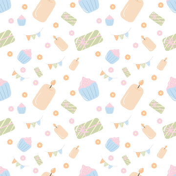 Celebration Birthday seamless pattern. Kawaii cupcake, candle, gift box on a white background.