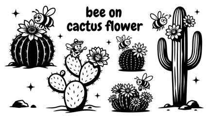 honey bee on cactus flower desert landscape environment with exotic botanical scenery pollination ecosystem and dry nature atmosphere for commercial vector illustration design © Ethan