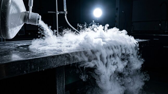 Close-up of dry ice sublimating on a metal table with a funnel and tubing in a dark room with cinematic lighting.