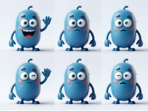 Blue Pill-shaped Microbe Six Pose Expression Sheet