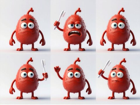 Red Microbe Oval Rubbery Matte Skin and Suction-cup Nodes Six Pose Expression Sheet