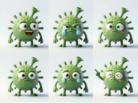 Green Spherical Microbe Six Pose Expression Sheet