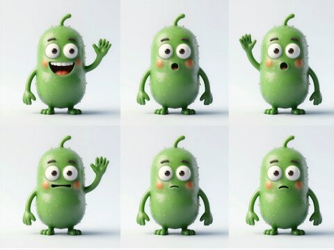 Green Pill-shaped Microbe Six Pose Expression Sheet