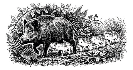 Vintage woodcut wild boar with piglets, antique etching of a forest sow and her young, black and white wildlife illustration for nature books © sajida