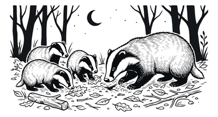Vintage badger family illustration, black and white woodland animals in night forest, hand drawn wild badger cubs and mother under crescent moon © sajida