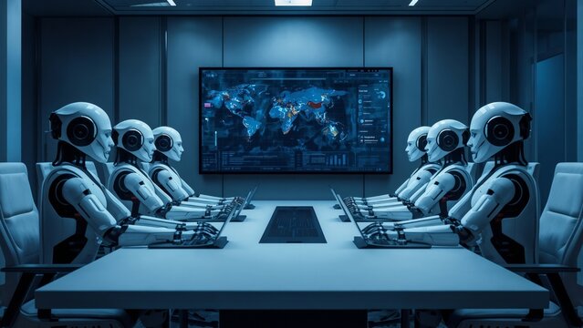 Futuristic robots attend meeting in modern boardroom. Digital AI figures sit at conference table with screen displaying data