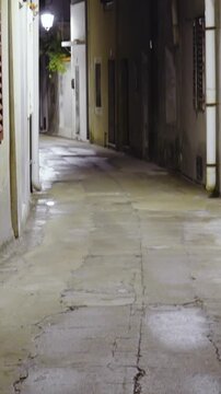Pag city street at night reveal tilt up