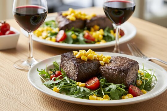 豪華なステーキと赤ワインのディナー料理贅沢な食事タイム