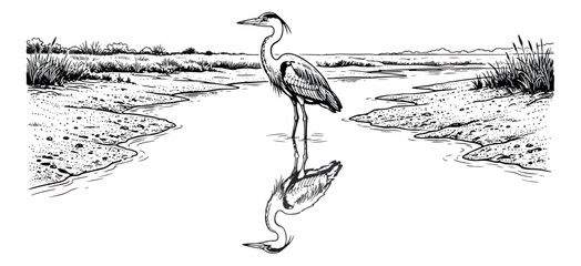 Fototapeta premium Vintage heron bird sketch in wetland landscape, hand drawn crane standing in water with reflection, black and white nature engraving vector
