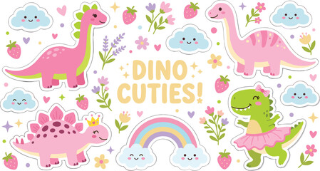 Cute dinosaur sticker set with flat vector illustrations of pink and green girl dino characters flowers rainbow and clouds isolated on white background, © MdSaddam