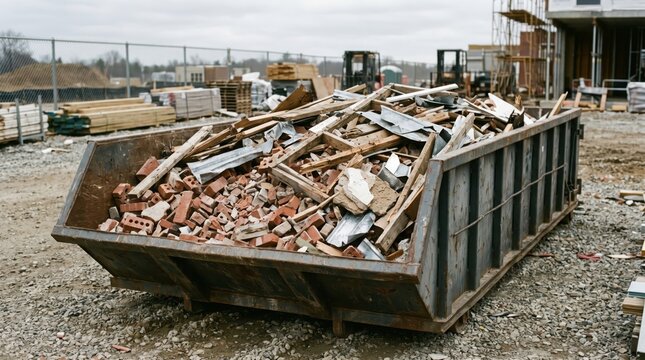 Overflowing Construction Skip Dumpster Filled With Bricks And Timber