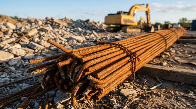 Bundle Of Rusted Rebar Rods Stacked At Demolition Site