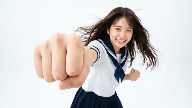 白背景の前でカメラに向かって笑顔でパンチを繰り出すセーラー服の女子学生