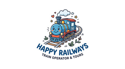 Fototapeta premium Cartoon locomotive train character with happy face logo.