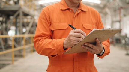 Fototapeta premium Industrial inspector writing inspection report on clipboard