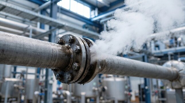 Steam leaking from industrial pipeline flange connection