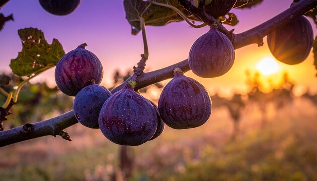Close-up of ripe purple plums on tree branch.