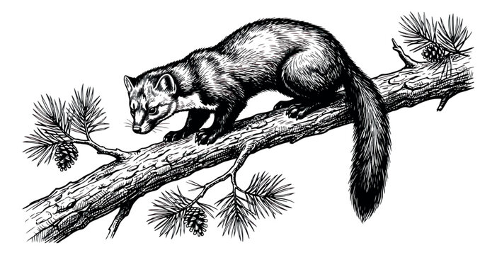 Vintage pine marten illustration, hand drawn sable animal on cedar branch vector, antique woodcut style forest wildlife engraving