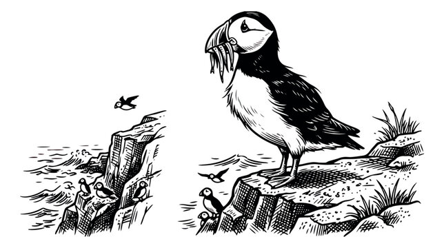 Vintage puffin bird illustration, Atlantic puffin with fish in beak on coastal cliff, black and white hand drawn sea bird vector art