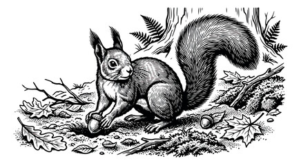 Vintage woodcut squirrel illustration, hand-drawn forest animal with acorn on woodland floor, retro black and white engraved wildlife vector art © sajida