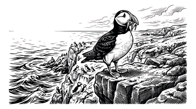 Vintage Atlantic puffin illustration on coastal cliff, hand drawn sea bird with fish in beak, retro woodcut style puffin colony vector