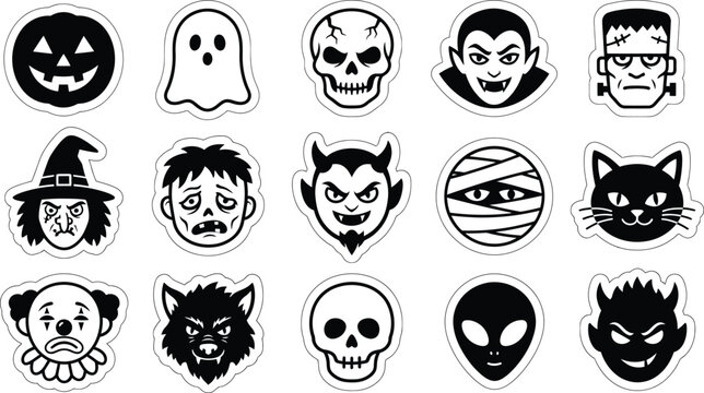 Halloween bundle 15 spooky black and white clip art icons for decoration and design
