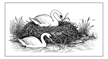 Vintage swan nest illustration, hand drawn pair of swans in lake reeds, antique woodcut style waterfowl engraving for nature books © sajida