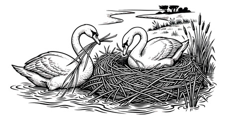 Vintage woodcut swan pair building nest, black and white engraving of mute swans on water, classic nature illustration for storybook or wedding decor © sajida