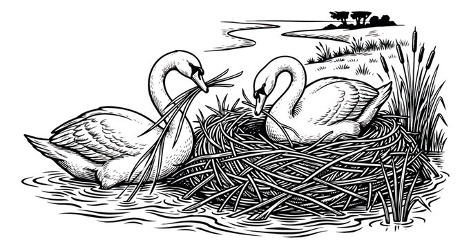 Vintage woodcut swan pair building nest, black and white engraving of mute swans on water, classic nature illustration for storybook or wedding decor