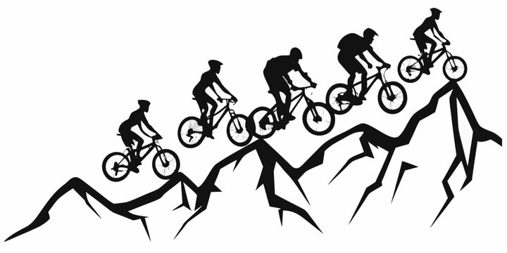 Mountain biking silhouettes on a rocky terrain black and white vector illustration