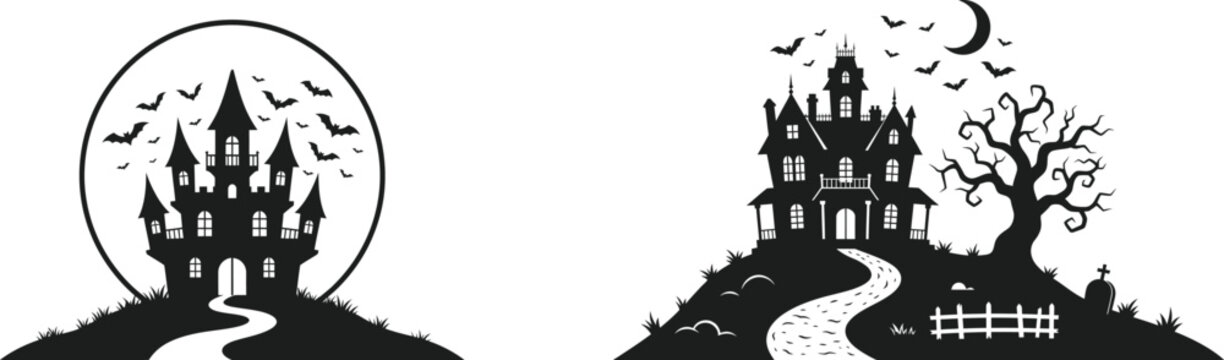 Black silhouette of spooky haunted houses with bats and moon on white background for halloween