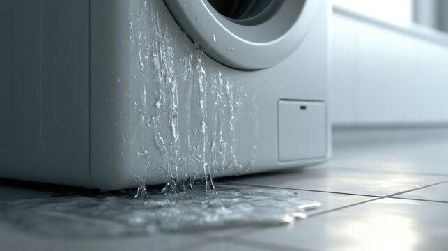 A washing machine is leaking water onto a tiled floor, causing a spill that may lead to damage or slipping hazards.