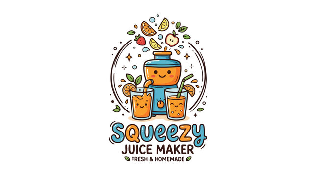 Cute cartoon juice maker mascot logo design with fresh fruit and glasses of juice.
