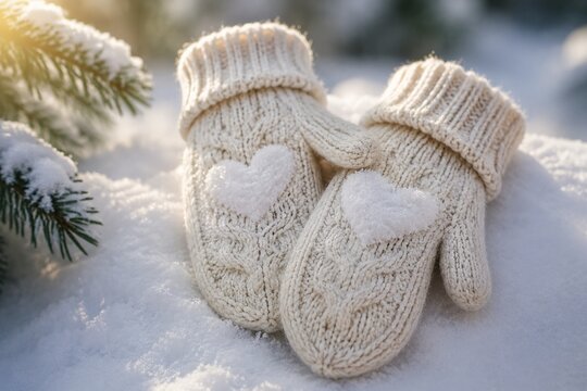 Knitted mittens featuring a snow heart detail, embodying cozy winter charm.