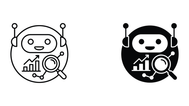 Robot search and data analytics line and glyph icons with analytics, magnifying