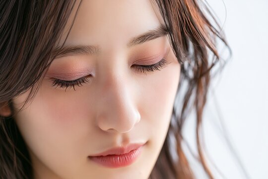 美肌の日本人女性が目を閉じ心癒される美容クローズアップ