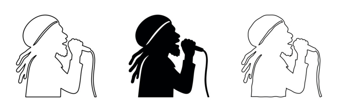 Iconic reggae singer silhouette with dreadlocks holding a microphone and singing